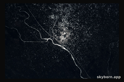 The Damietta Branch of the Nile River splits into canals in the central portion of the Nile Delta in Egypt