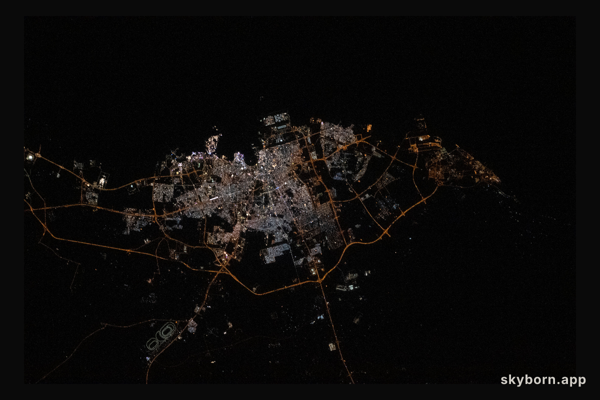The city lights of Doha, Qatar, are pictured from the International Space Station as it orbited 261 miles