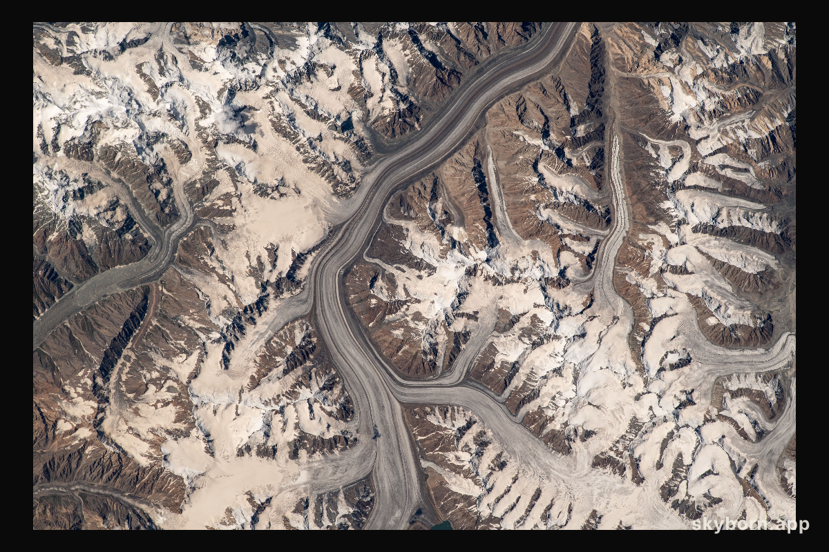 Glaciers in the Pamir mountain range located in The Republic of Tajikistan are pictured from the International Space
