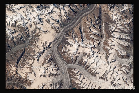 Glaciers in the Pamir mountain range located in The Republic of Tajikistan are pictured from the International Space