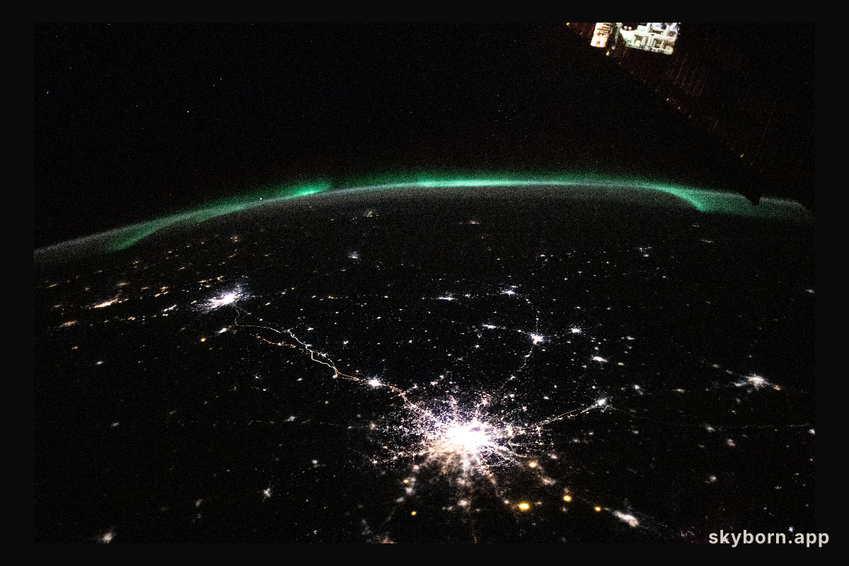 The city lights (bottom center to far left) of Moscow and Saint Petersburg in Russia, to Helsinki, Finland, are framed