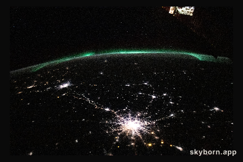 The city lights (bottom center to far left) of Moscow and Saint Petersburg in Russia, to Helsinki, Finland, are framed