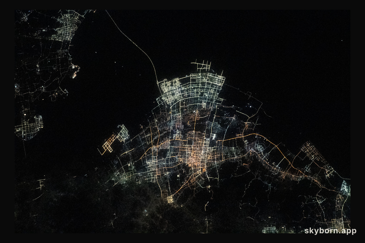 The night lights of Chinese villlages on Hangzhou Bay are pictured from the International Space Station as it orbited