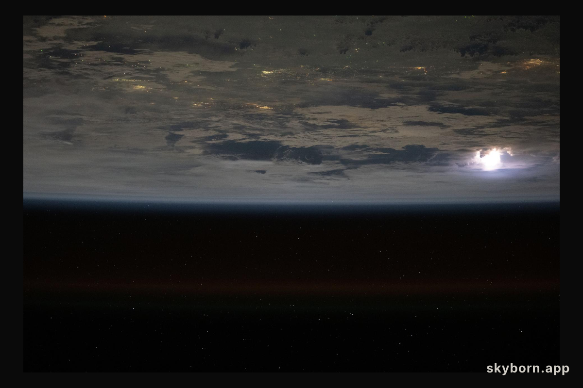 Lightning (at right) illuminates the clouds in this photograph from the International Space Station as it orbited 261