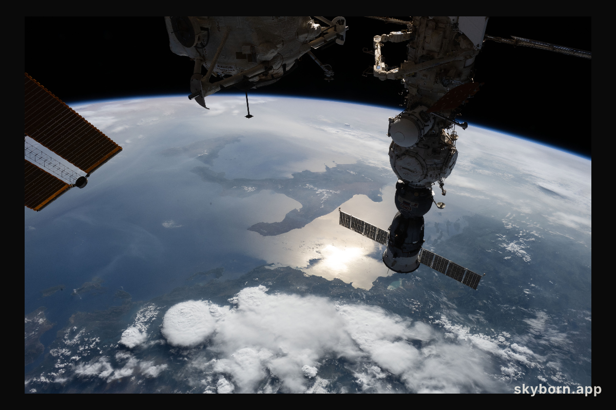 The sun's glint beams off the Adriatic Sea contrasting with the "boot" of Italy