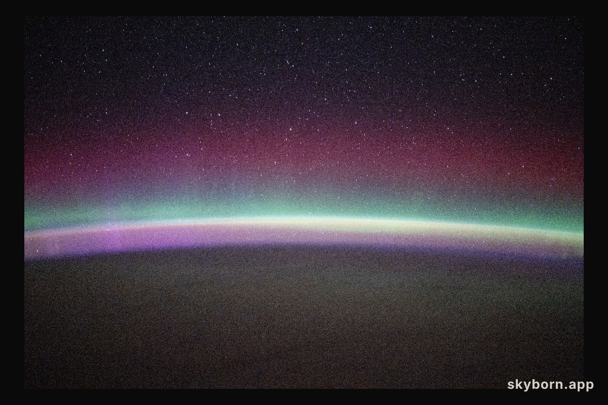 A green and red aurora australis shimmers beneath a starry sky